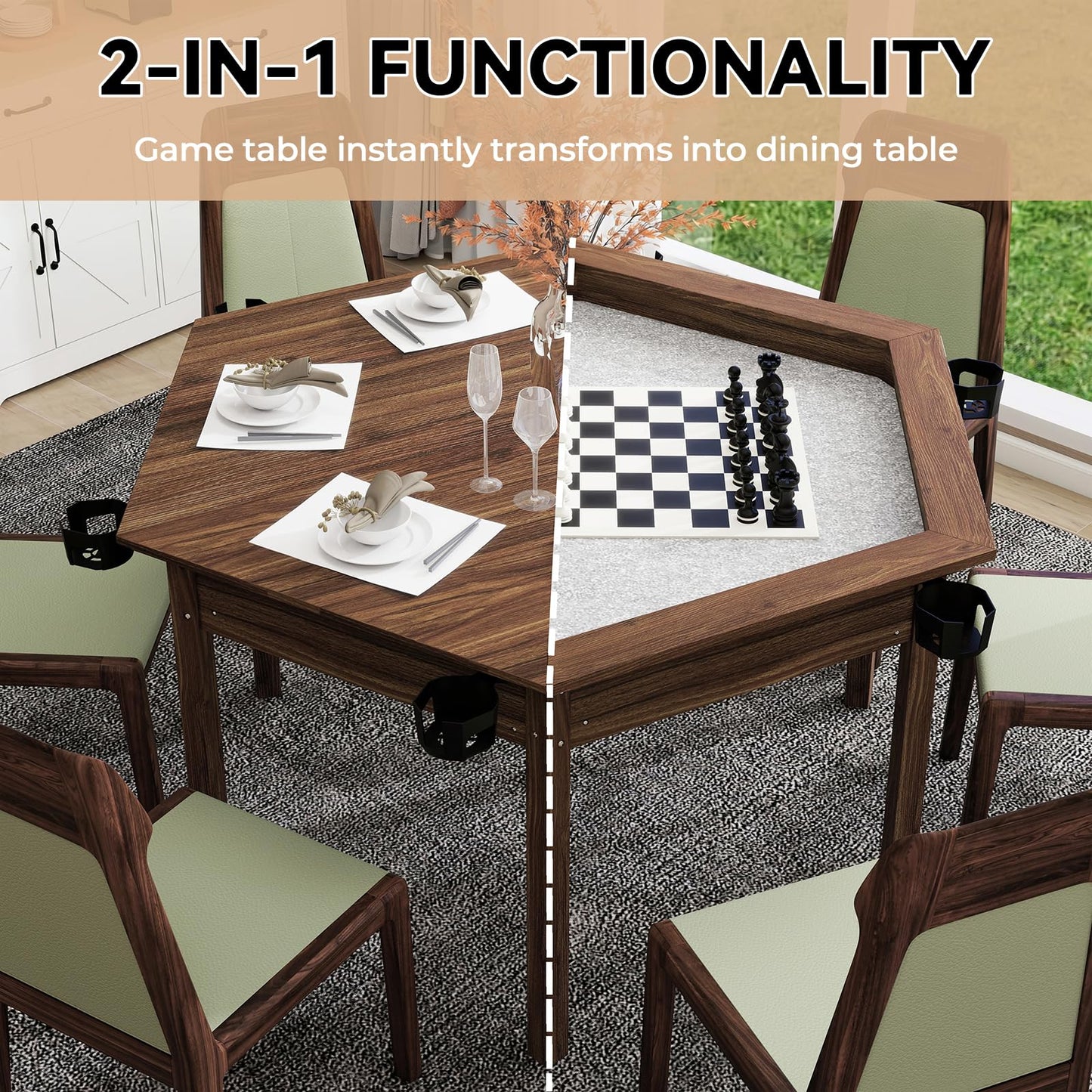 ComeWay Board Game Table with Rotating Cup Holders for 6 Players, Hexagon Gaming and Dining Table with Removable Table Top & Non-Slip Play Mat, Multifunctional Table with for DND/Poker/Card Games