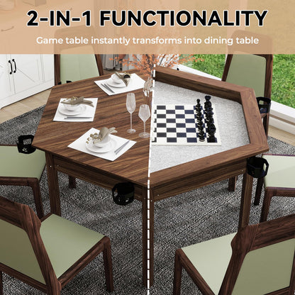 ComeWay Board Game Table with Rotating Cup Holders for 6 Players, Hexagon Gaming and Dining Table with Removable Table Top & Non-Slip Play Mat, Multifunctional Table with for DND/Poker/Card Games
