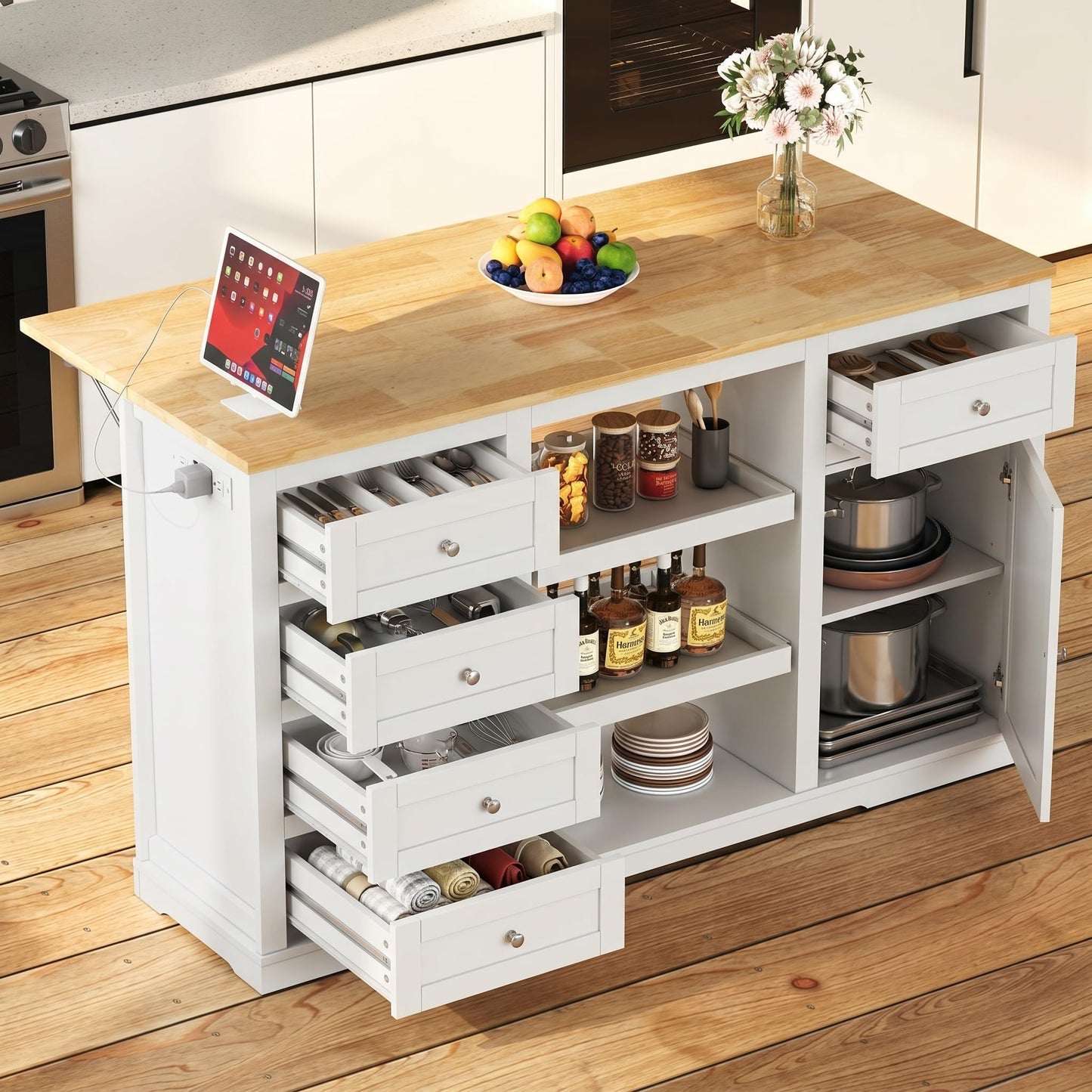 RoyalCraft 59'' Kitchen Island with Storage and Drop Leaf, Kitchen Island Table, Coffee Station Cabinet with Solid Rubber Wood Top, Pull-Out Trays, Drawers, Adjustable Shelves, Power Outlet, White