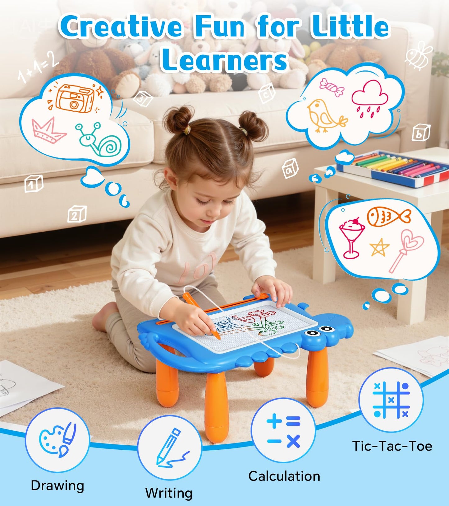 AiTuiTui Magnetic Drawing Board for Toddlers 1-3, Dinosaur Toddler Learning Toys for 1 2 3 Year Old Boys Girls, Mess-Free Educational Writing Doodle Board with Detachable Legs, Birthday Gift for Kids
