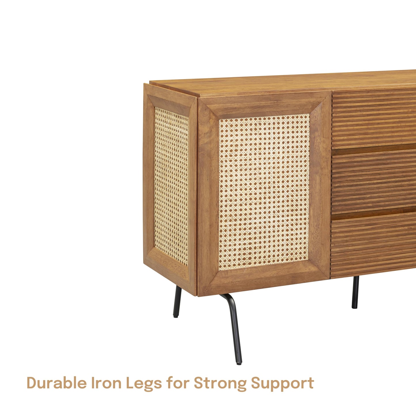 NTC MOSSIC Sideboard with 2 Doors and 3 Drawers, Buffet Cabinet with Natural Rattan and Metal Legs, Modern Storage Cabinet for Living Room, and Hallway, Effortless Assembly, Teak Look