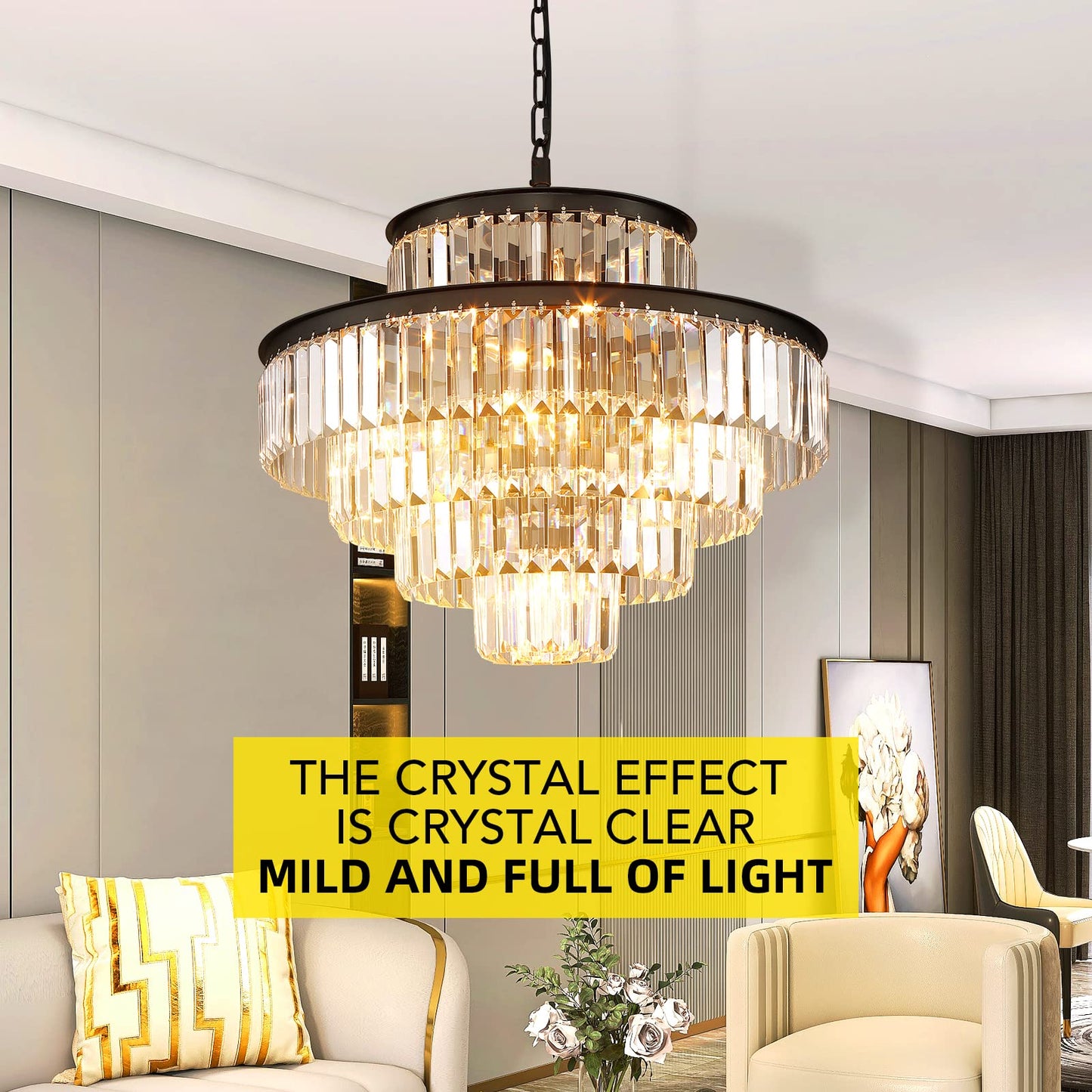 Lt-vt Black Modern Style Crystal Chandeliers & LightsRound Hanging Classic, Pendant Ceiling Chandelier Lighting Fixture 5-Tier for Dining Room Living Room(24 inch,Black)