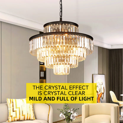 Lt-vt Black Modern Style Crystal Chandeliers & LightsRound Hanging Classic, Pendant Ceiling Chandelier Lighting Fixture 5-Tier for Dining Room Living Room(24 inch,Black)