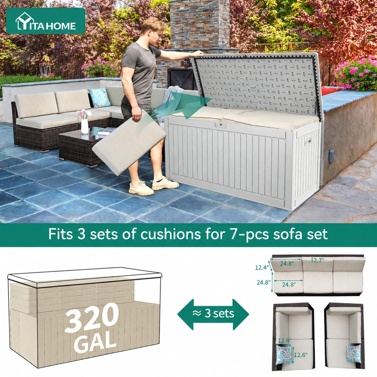 YITAHOME 320 Gallon Double-Wall Deck Box with Divider & Side Handles, Outdoor Large Storage for Patio Furniture Cushions, Garden Pool Accessories, Water Resistant & Lockable