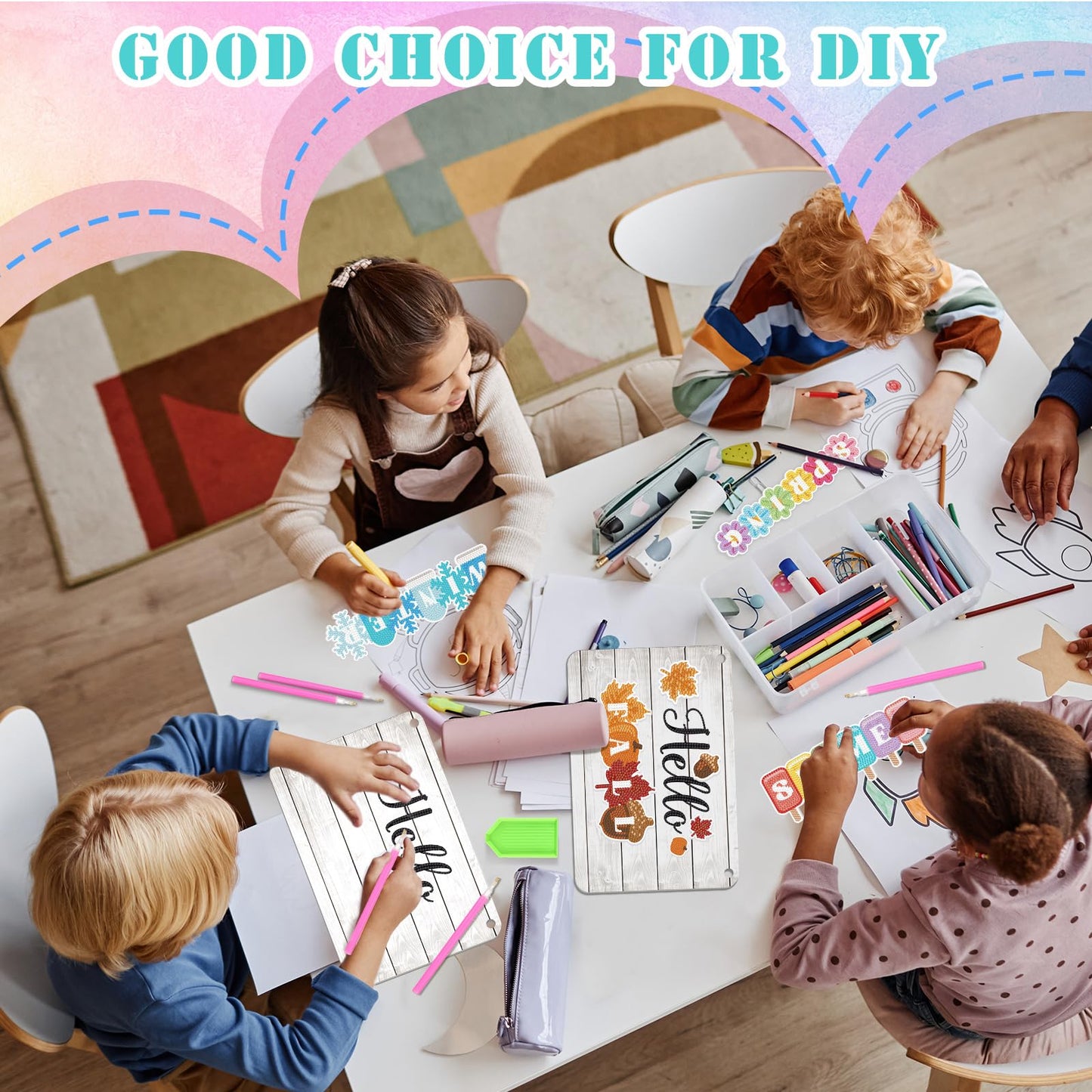 MiniInflat Hello Spring Interchangeable Sign Seasonal Diamond Art Painting Kits with 20 Interchangeable Magnetic Decor Farmhouse Spring Wall Hanging Diamond Painting Sign for Home Decoration(White)