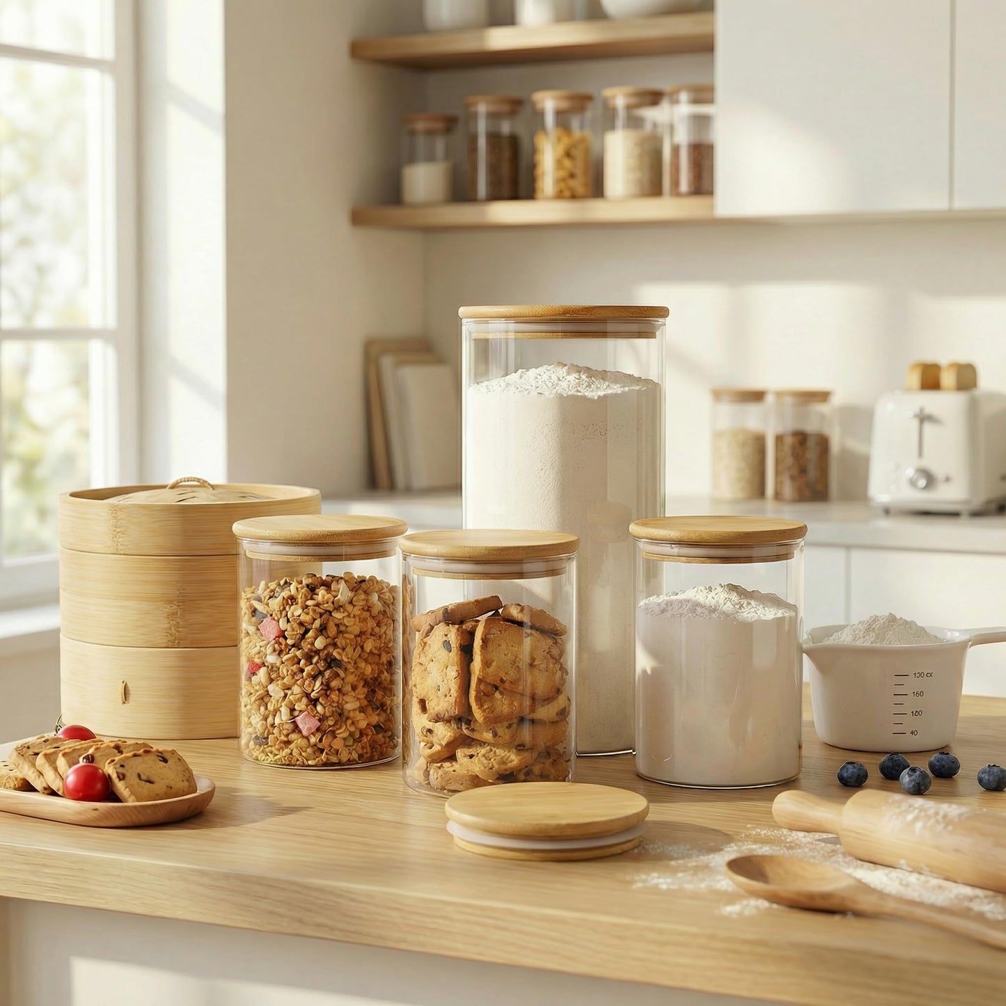 HomArtist Extra Large Glass Flour and Sugar Storage Containers with Airtight Lids,132 floz x2 [Set of 2] Big Glass Jars with Bamboo Lids, Air Tight Food Storage Jars for Cereal, Pasta, Rice, Coffee