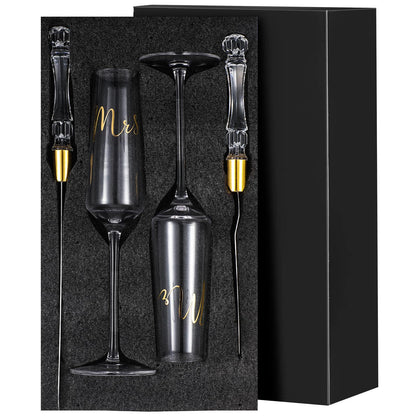Boao 4 Pieces Wedding Toasting Flutes and Cake Server Set Wedding Reception Supplies Champagne Glasses Cake Knife Pie Server (Gold,Classic)