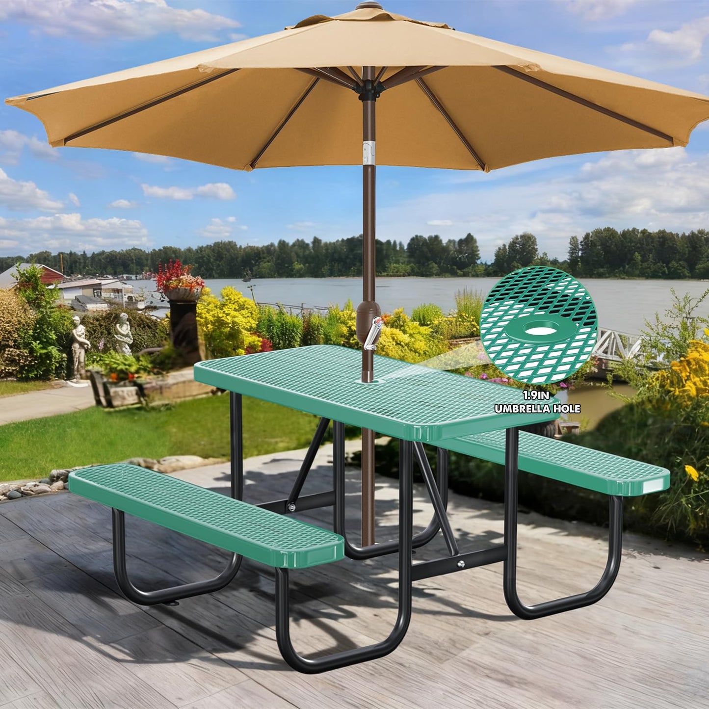 Gaonala 4FT/48IN Heavy Duty Outdoor Picnic Table and 2 Benches for 2-6 People, Weather Resistant Rectangular Steel Picnic Table Set with Umbrella Hole for Yard Patio Lawn Party Green