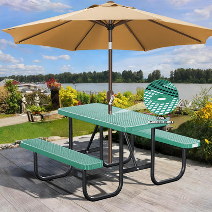 Gaonala 4FT/48IN Heavy Duty Outdoor Picnic Table and 2 Benches for 2-6 People, Weather Resistant Rectangular Steel Picnic Table Set with Umbrella Hole for Yard Patio Lawn Party Green