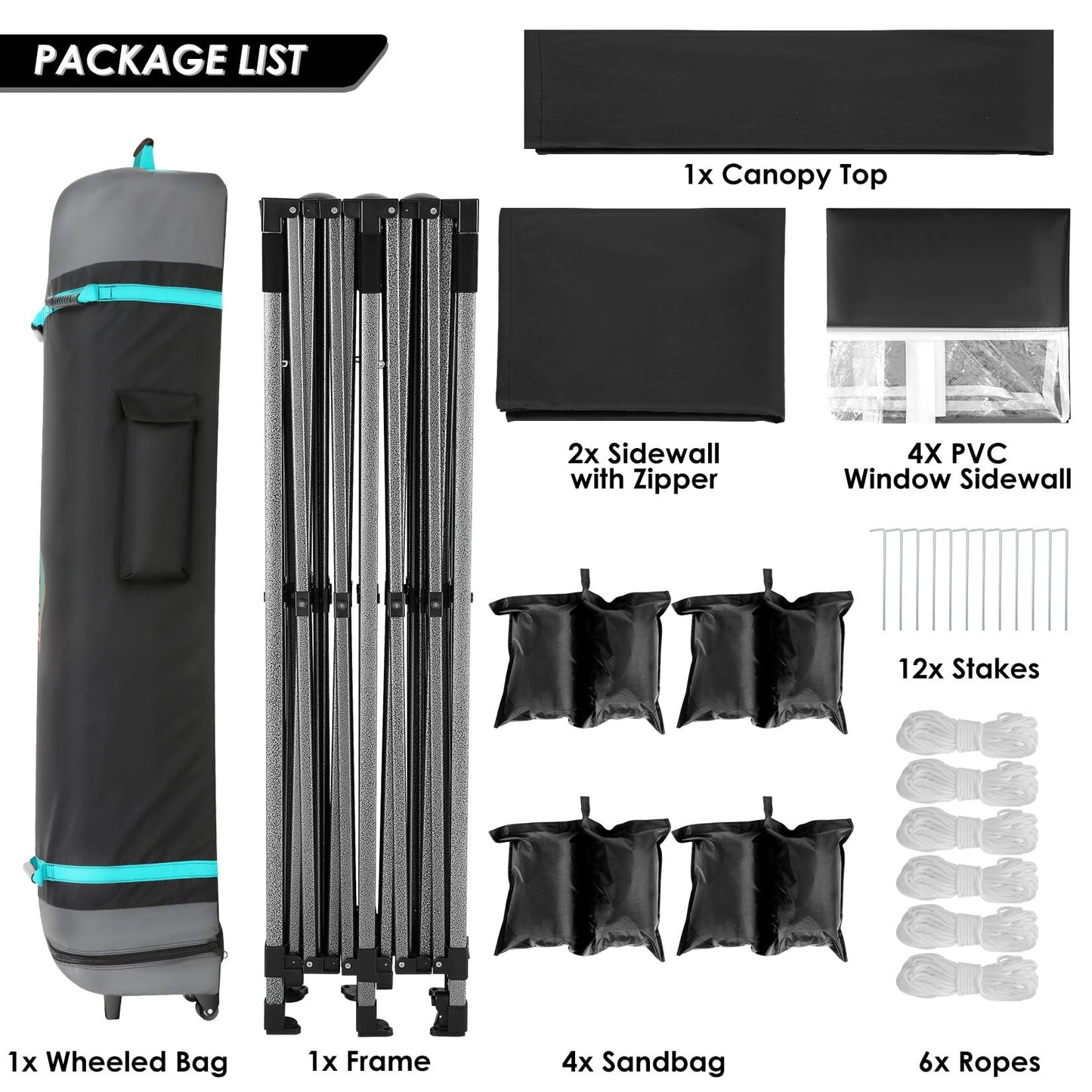 COBIZI 10x20 Heavy Duty Pop up Canopy Tent with 6 sidewalls Easy Up Commercial Outdoor Wedding Party Tents for Parties All Season Wind & Waterproof Gazebo Roller Bag, Black(Frame Thickened)