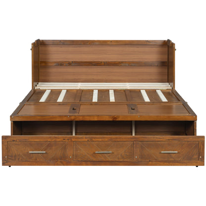 KEIKI Queen Murphy Bed Cabinet with Charging Station & Geometrical Panel, Pine Wood Hideaway Bed Frame with Large 3-Compartment Drawer, 2-in-1 Space-Saving Convertible for Guest Bedroom Studio Walnut