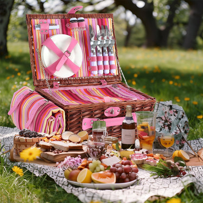 YPshuye Picnic Basket Set for 4 with Waterproof Blanket Mat Insulation Bag Wicker Pink Stripe Classic Fresh Gift for Christmas Thanksgiving Wedding Birthday Camp Outdoor Beach Travel