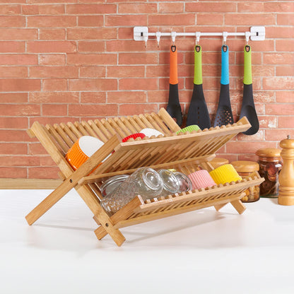 SZUAH Collapsible Bamboo Dish Drying Rack - 2 Tier Space Saving Kitchen Counter Organizer, Holds 19 Plates, Bowls & Utensils (17.8"x10.23"x9.25")