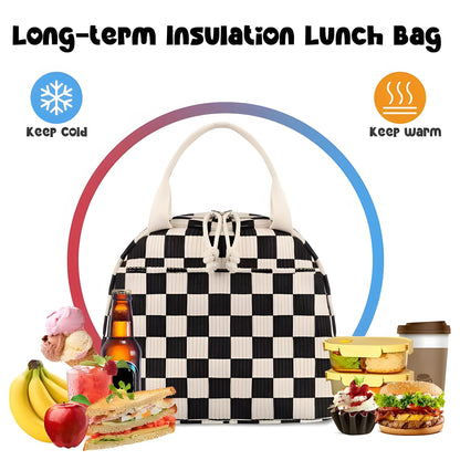 Corduroy Insulated Lunch Tote with Front Pocket for Women & Men Leakproof Reusable Meal & Food Bag, Large Capacity for Office, Picnic & Travel Checkered Black