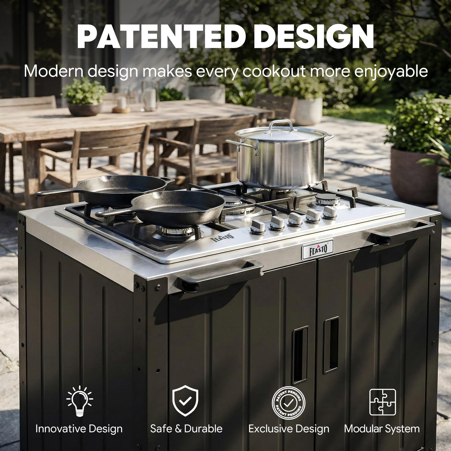 Feasto Gas Grill, Movable Outdoor Gas Stove Stainless Steel Top with Cabinet, 5 Burners with 36,200 BTUs, Outdoor Propane Grill for Outdoor Cooking, Ideal for Lawn & Garden, L35.4 x W24