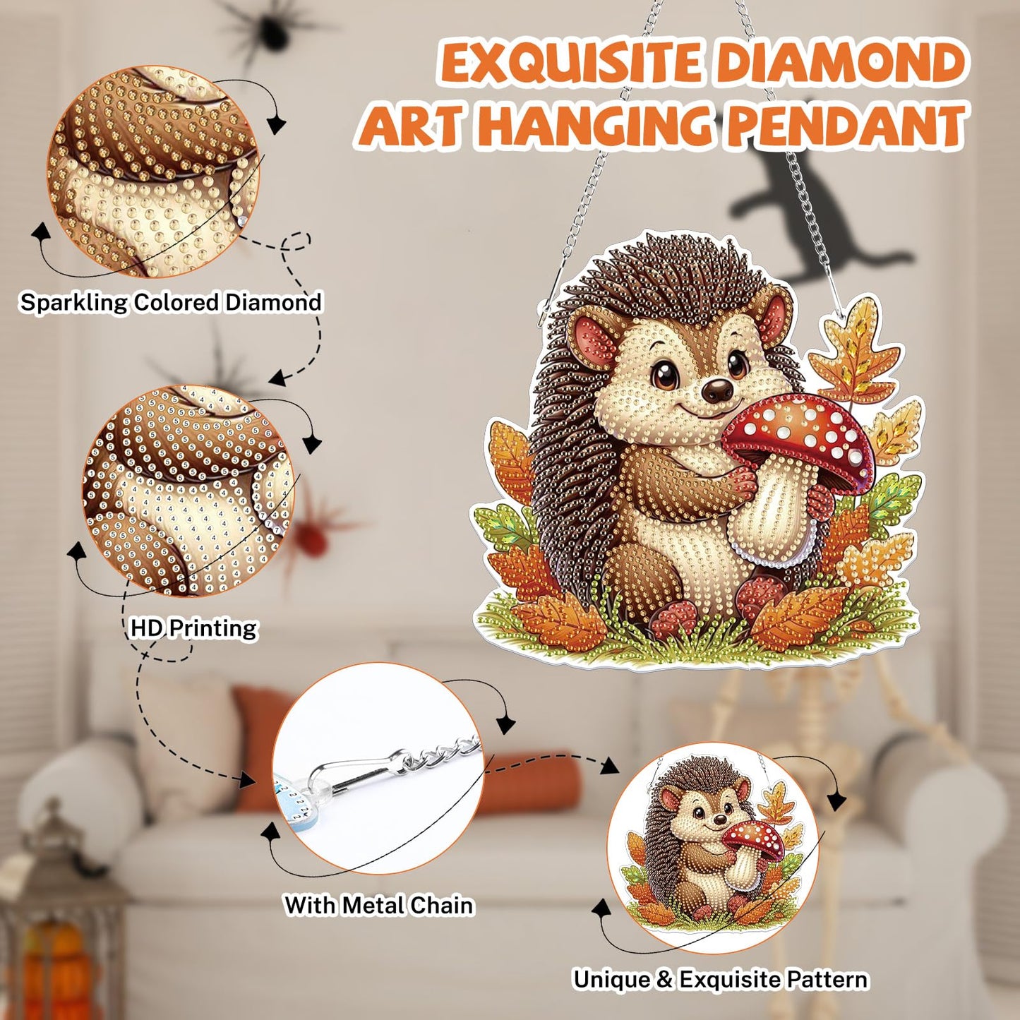 Bowetile Fall Diamond Art Hanging Kits for Adults, Hedgehog Diamond Art Suncatchers, 5D Special Shape Autumn Diamond Painting Pendant Window Ornament Gifts for Home Door Wall Decor