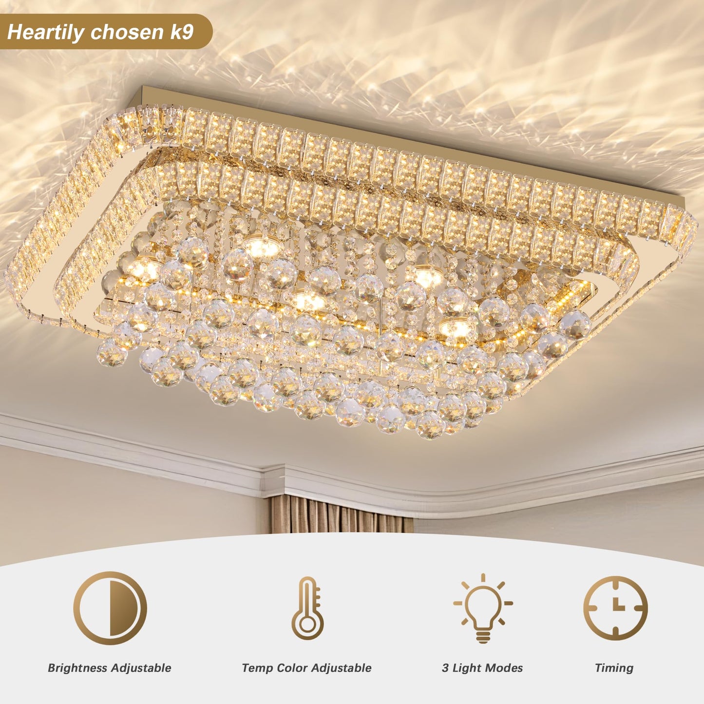 32 inch Crystal Flush Mount Chandelier, Modern Raindrop Crystal Gold Chandeliers with Remote and APP, 3 Colors Temp & Brightness Adjustable, Ceiling Light for Bedroom Hallway DiningRoom Living Room