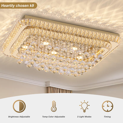 32 inch Crystal Flush Mount Chandelier, Modern Raindrop Crystal Gold Chandeliers with Remote and APP, 3 Colors Temp & Brightness Adjustable, Ceiling Light for Bedroom Hallway DiningRoom Living Room
