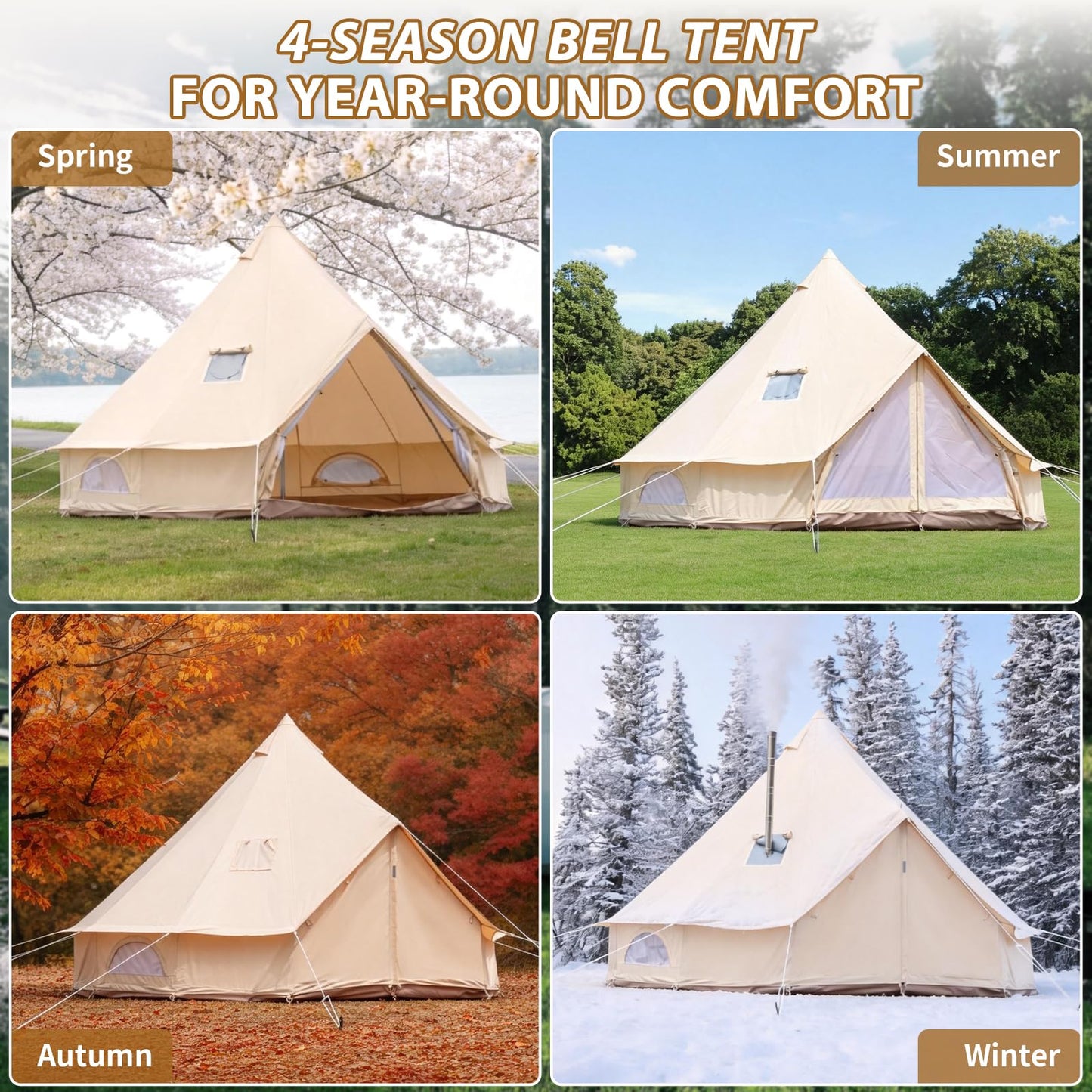 Canvas Bell Tent for Camping, 4-Season Yurt Tent with Stove Jack, All Year Living Glamping Tent for 4–6 Person, Sturdy Shelter for Family Camping & Backyard (13.1ft/4m)