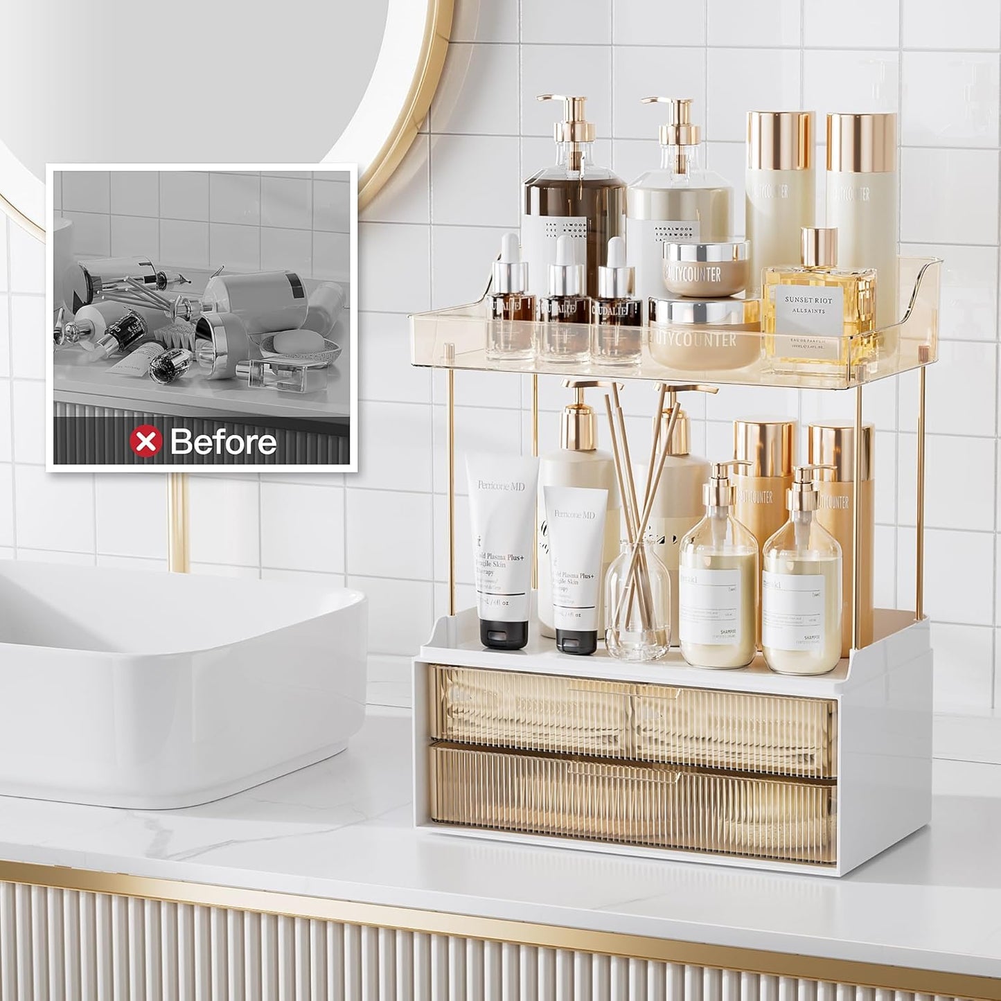 Delamu 2-Tier 2-Drawer Bathroom Counter Organizer, Multi-Purpose Makeup Organizer, Large Skincare Organizer, Amber