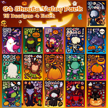 Aowplc 64 Sheets Halloween Party Games Stickers for Kids Make Your Own Stickers with 16 Different Designs Cute Halloween Party Favors Crafts Supplies