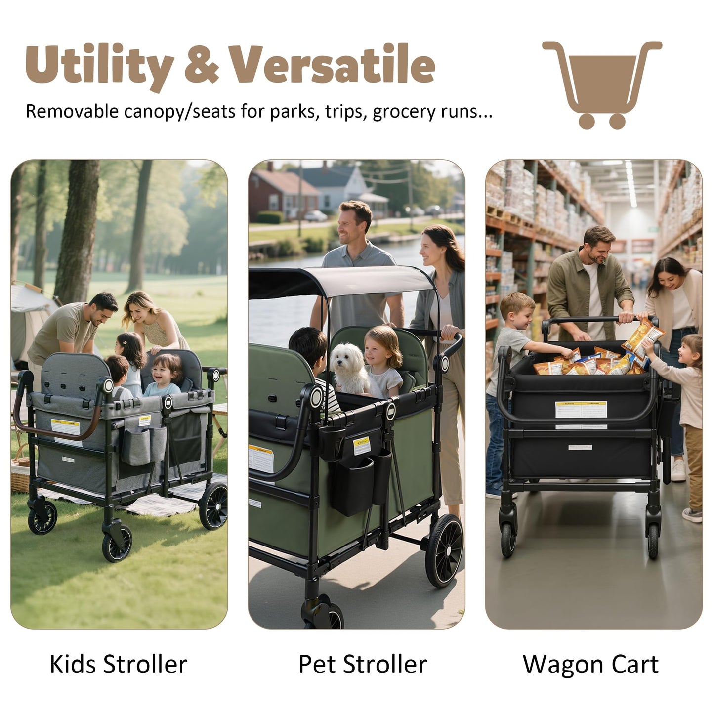 TODEFULL Wagon Stroller for 4 Kids, Foldable Kids Wagon Cart Featuring with Harnesses, Adjustable Double Push Handle, Removable Canopy, Snack Tray, Large Storage Bag