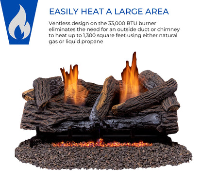 Duluth Forge Ventless Liquid Propane Gas Log Set - 24 in. Stacked Oak, 33,000 BTU, T-Stat Control - Model# DLS-L24T-2