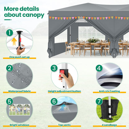 COBIZI Canopy 10x20 Pop Up Canopy Tent with 6 Sidewalls, One Push Party Tents for Parties Outdoor Wedding Waterproof Gazebo Commercial Event Tent with Sandbags, Grey