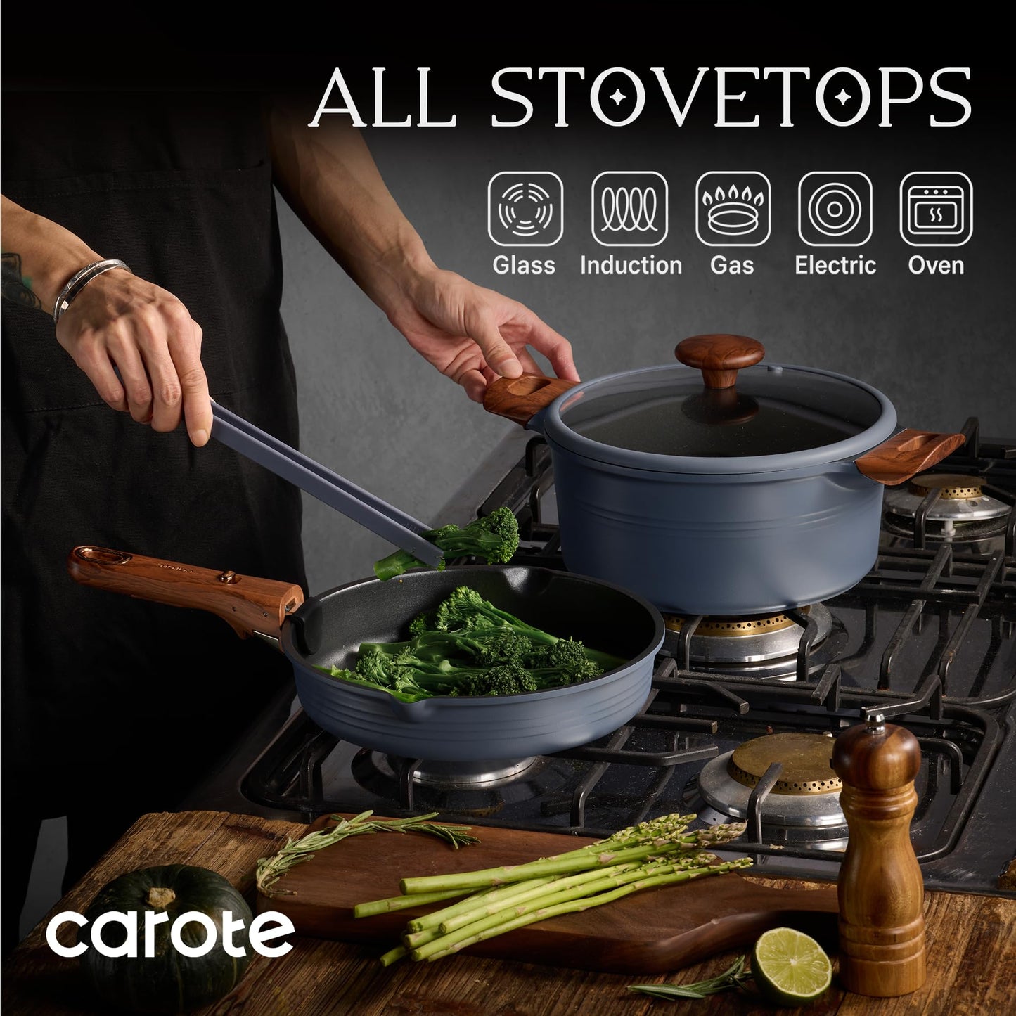 CAROTE 30-Piece Titanium Cookware Set, Nonstick Pots and Pans Set with Detachable Handle, RV Kitchen Cooking Set, Camping Use, Induction Compatible, Dishwasher & Oven Safe