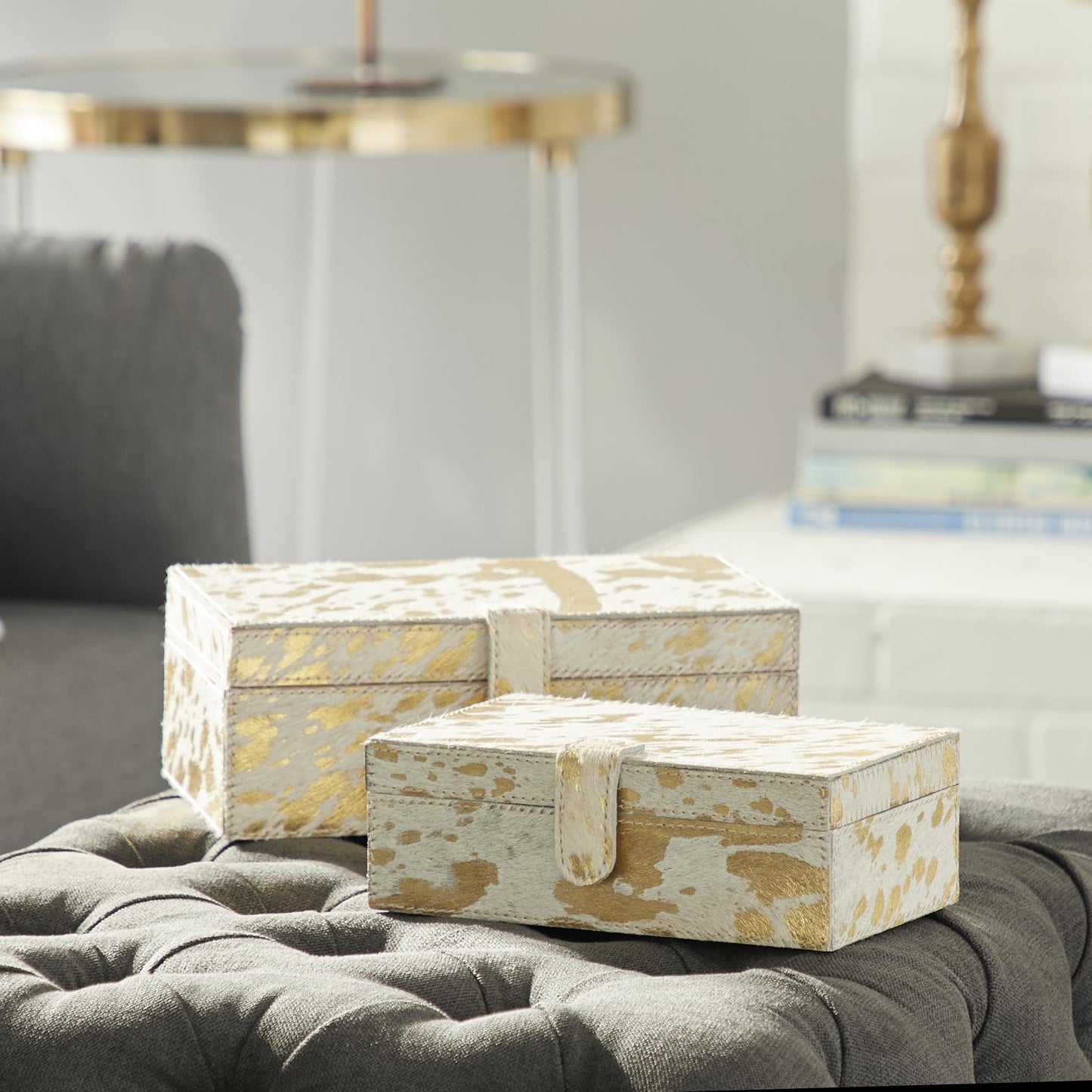 Deco 79 Leather Handmade Decorative Box Decorative Keepsake Boxes with Gold Foil Paint, Set of 2 Storage Boxes 8", 10"W, Gold