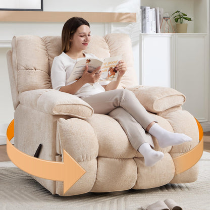 GARTMILAN Oversized Manual Recliner Chair with 360° Swivel, Big and Tall Rocker Glider for Nursery Living Room, Chenille Overstuffed Reclining Sofa with Handle, 375lbs (Beige, Manual)