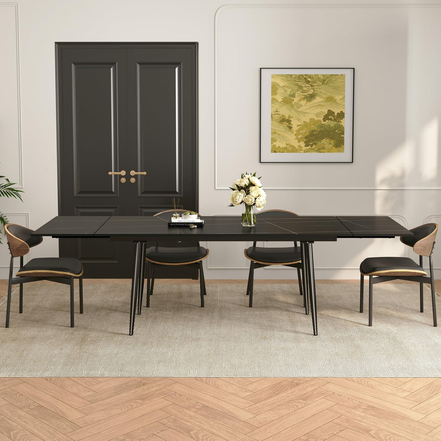 gaoyangjiaju 62.9"-94.4" Modern Extendable Dining Table for 6 to 10 Seats, Rectangular Sintered Stone Table with High Hardness and Easy Maintenance for Dining Room Family Gathering, Black Top