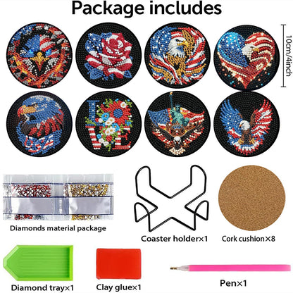 8 Pcs Ameriacn Flag Eagle Diamond Art Coasters Kits for Adults,DIY 4th of July Crystal Diamond Painting Coaster Kits with Holder, Independence Day Coasters Craft Supplies for Decor Gifts
