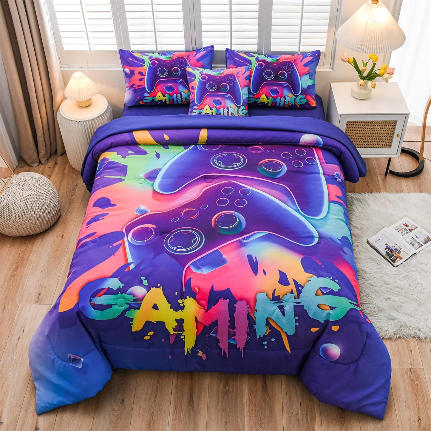 Aimuan Gaming Comforter Sets for Boys Kids Bedding Sets, Video Games Console Action Buttons, Twin 6 Pcs, Purple