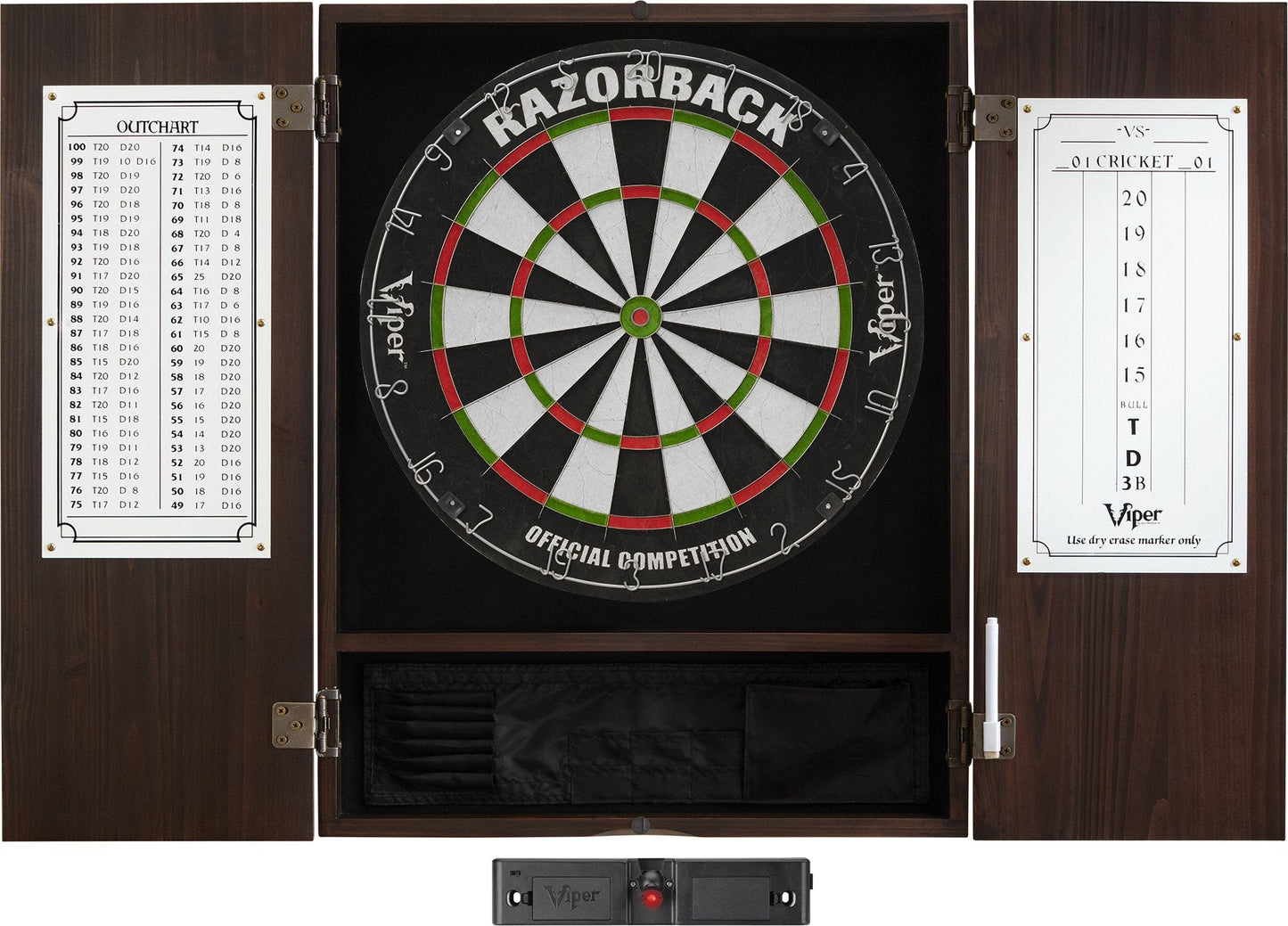 Viper Metropolitan Solid Wood Cabinet & Sisal/Bristle Dartboard Play-Ready Bundle: Elite Set (Razorback Dartboard, Darts and Laser Throw Line), Espresso Finish