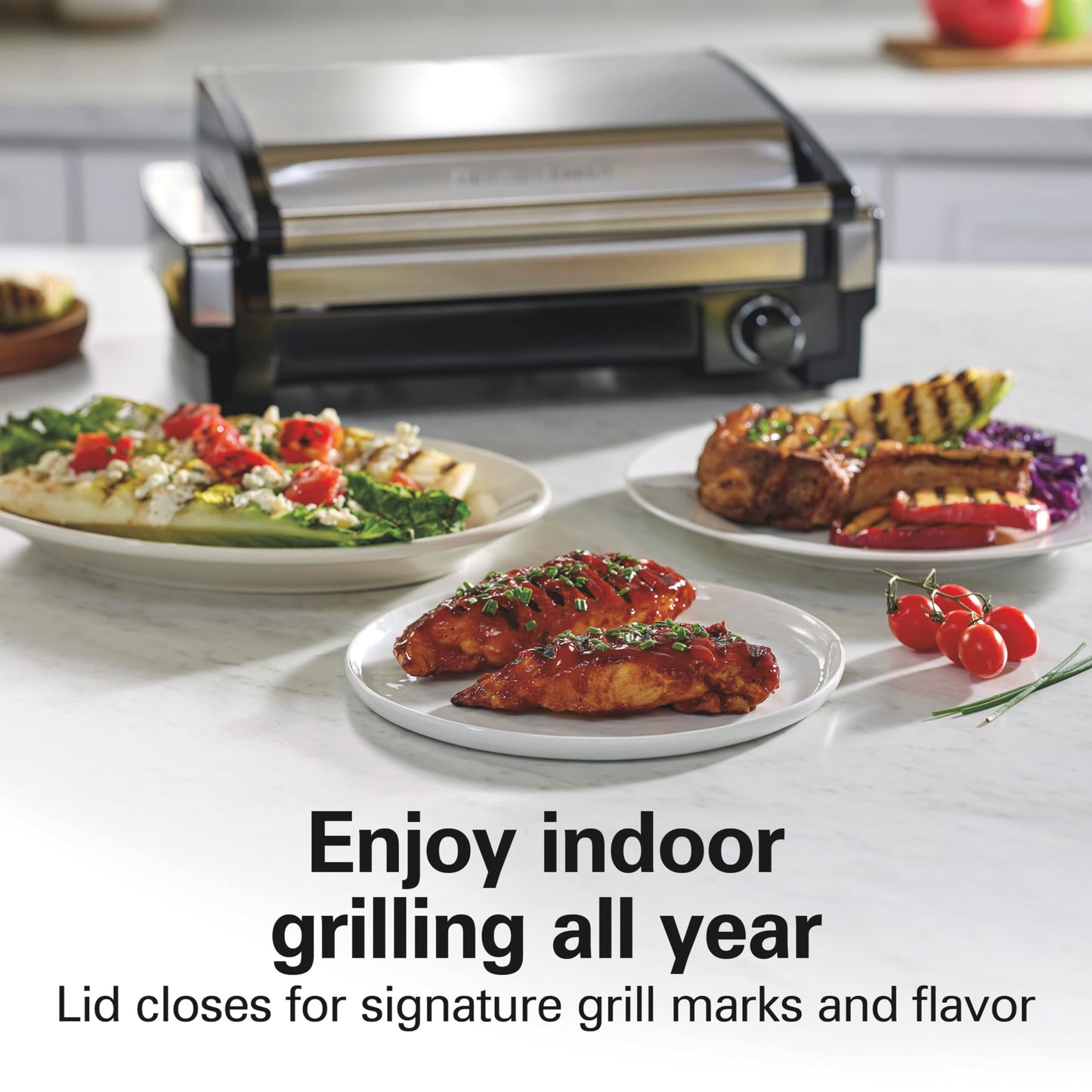Hamilton Beach Electric Indoor Searing Grill with Viewing Window & Adjustable Temperature Control to 450F, 118 sq. in. Surface Serves 6, PFAS-Free Removable Nonstick Grate, Stainless Steel