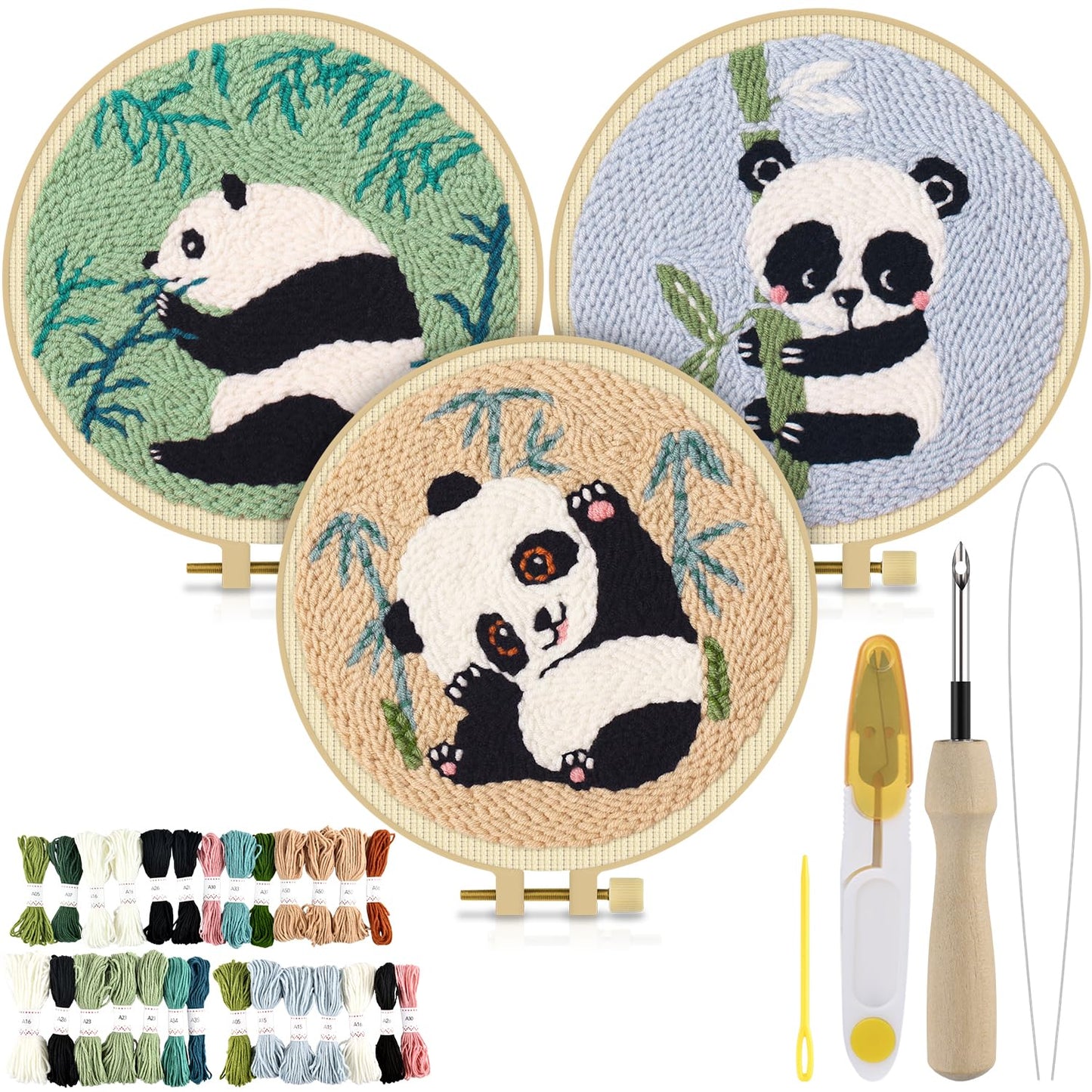 TINDTOP 3 Sets Punch Needle Kits, Panda Punch Embroidery Kits for Adults Beginner, Tool with Punch Needle Fabric, Hoops, Yarns and Sewing Needles
