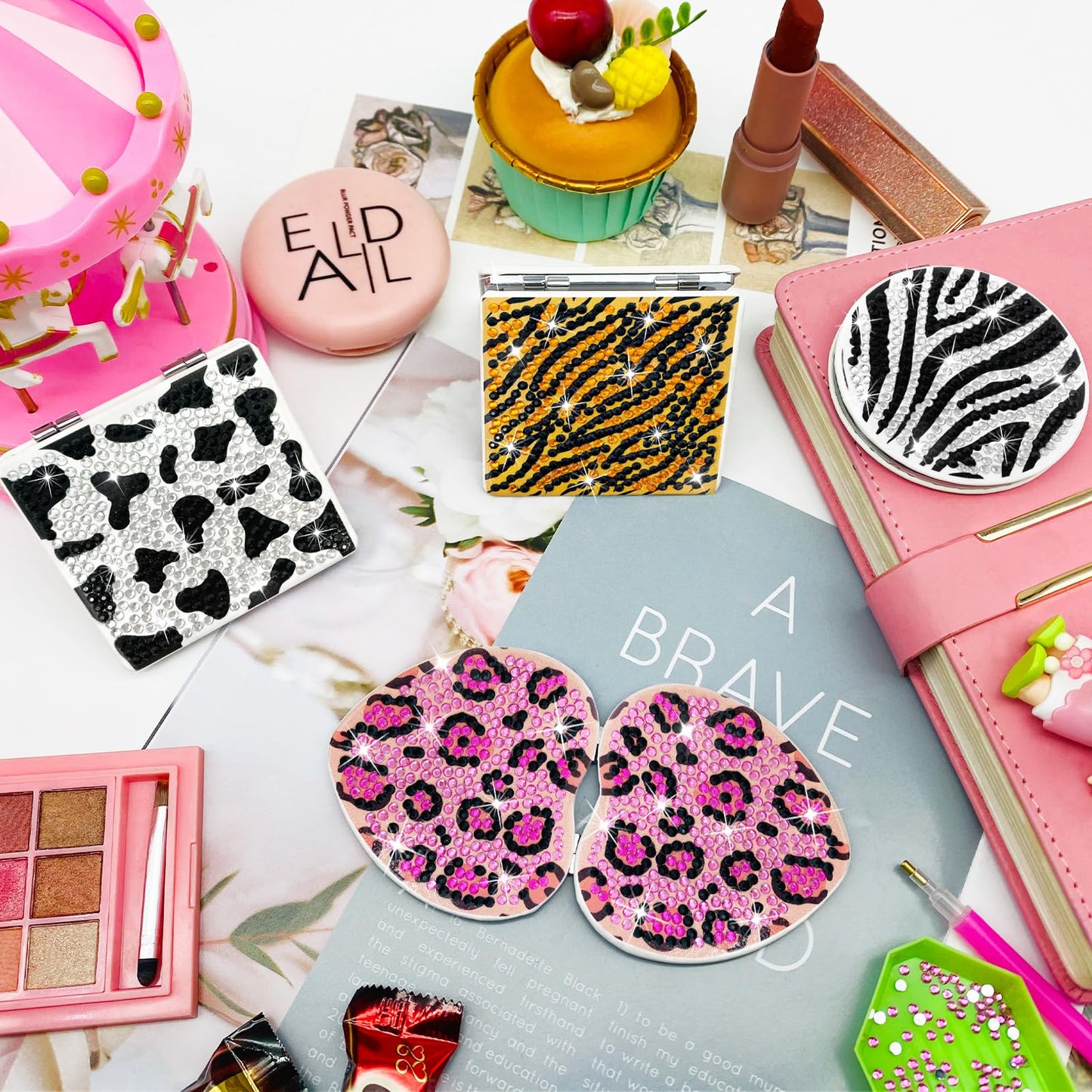FILASLFT Diamond Painting Compact Mirror Crystal Makeup Mirror DIY Diamond Art Mirror Pocket Mirror Portable 4 Pcs Christmas Birthday Gifts for Women Girls(Animal)