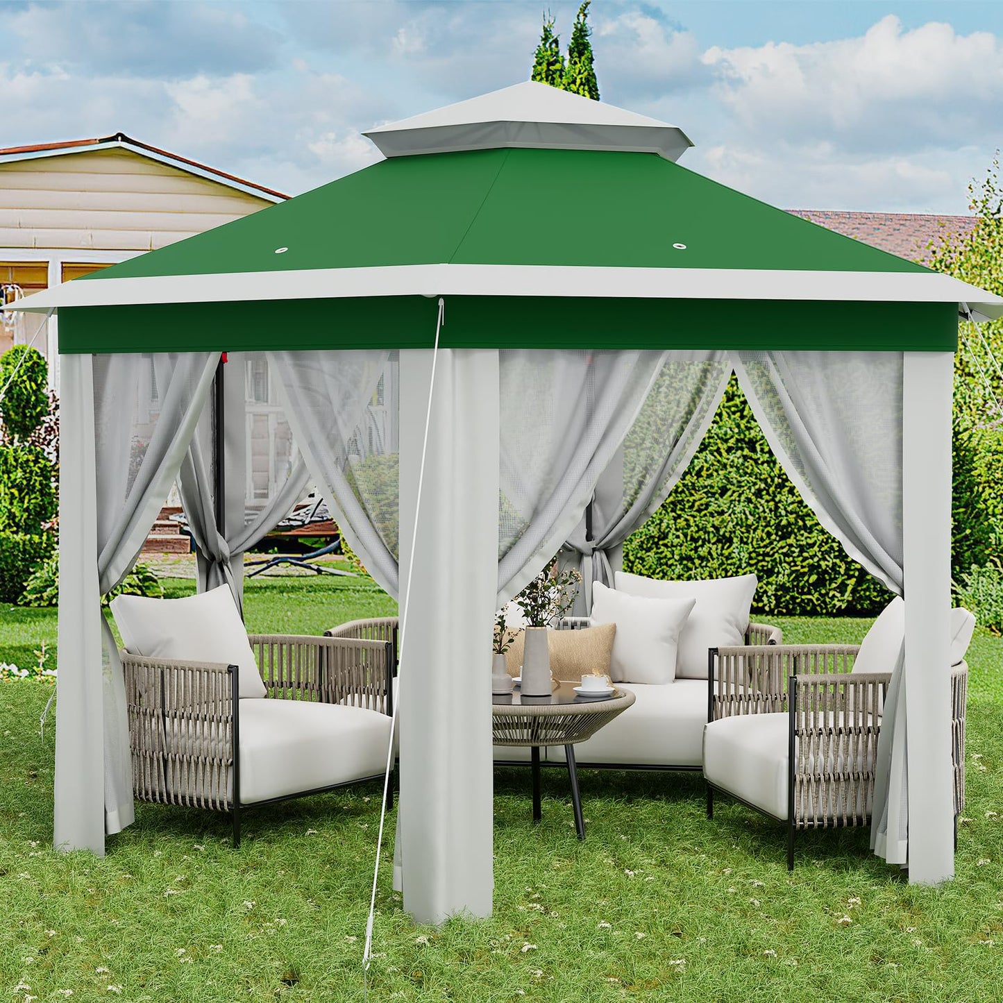 Patikuin Hexagonal Pop-Up Gazebo Tent 13x13 FT – Double Vent Roof, Mosquito Netting, UV & Water Resistant, Adjustable Height, Portable Canopy with Carry Bag for Patio, Backyard, Lawn Parties – Green