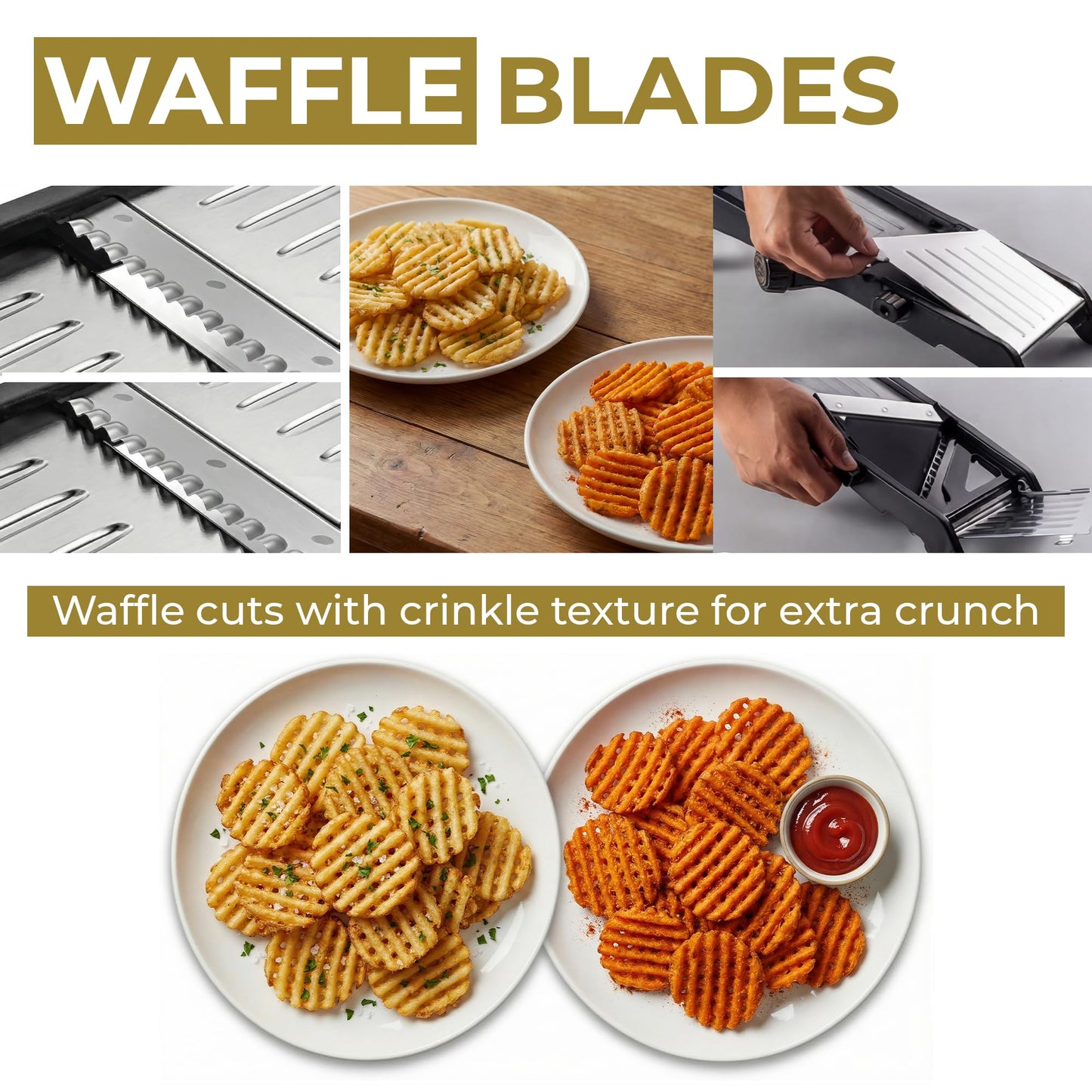 Gramercy Adjustable Mandoline Slicer for Kitchen, Potato Cutter, Vegetable Chopper, Mandolin, Cucumber Slicer- INCLUDING one Pair Cut-Resistant Gloves and Waffle Fry Cutter