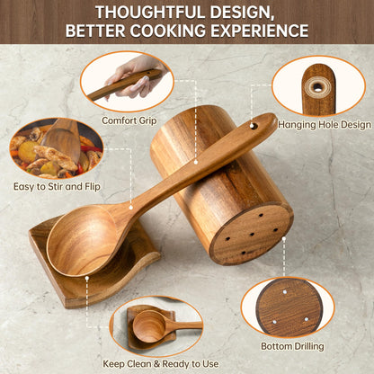 FYCTIO Wooden Utensil Set 8 PCS - Natural Non-Toxic Acacia Wooden Spoons for Cooking, Nonstick, Sturdy,Easy to Clean, Wood Kitchen Utensils Set with Holder, Spoon Rest, Ideal for Gifting