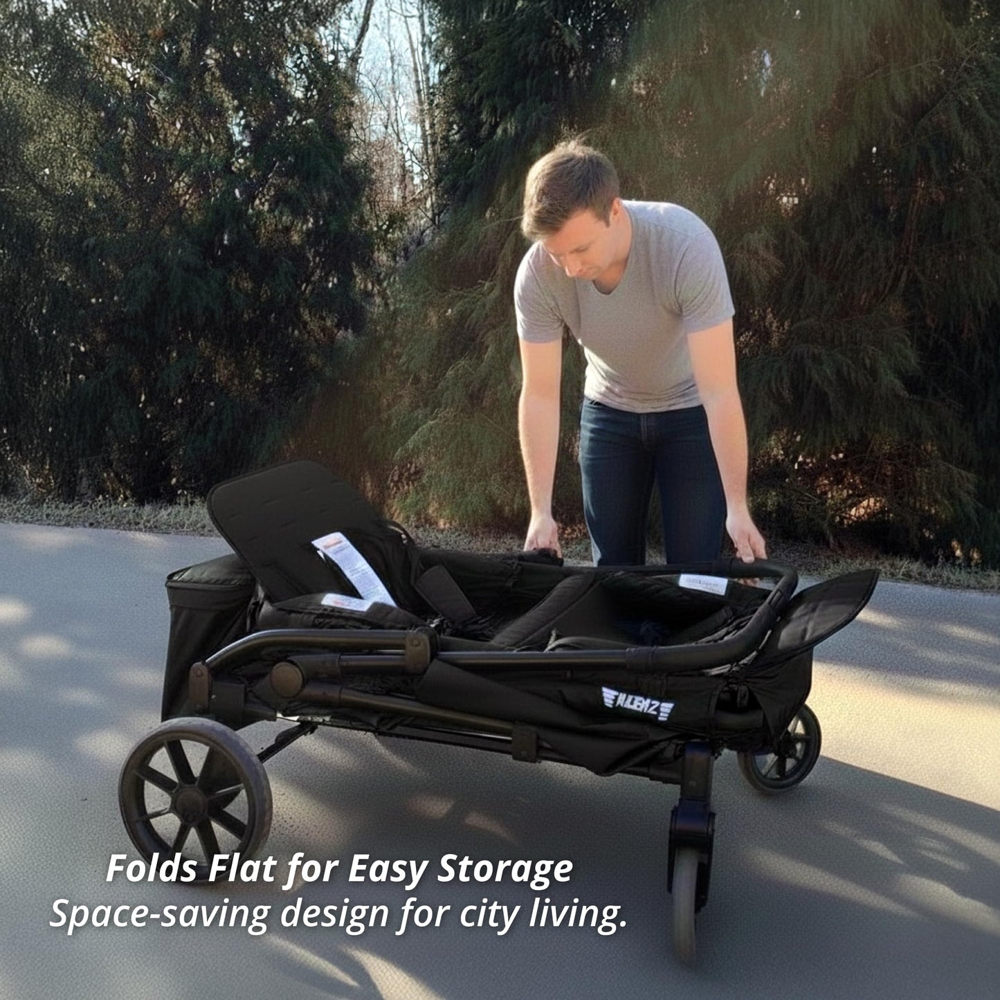 Keenz Viva 2-Passenger Compact Foldable Stroller Wagon with Canopy, Hybrid Push Pull Handle, EVA Wheels, and Storage – Lightweight Stroller Wagon for Toddlers and Kids, Black