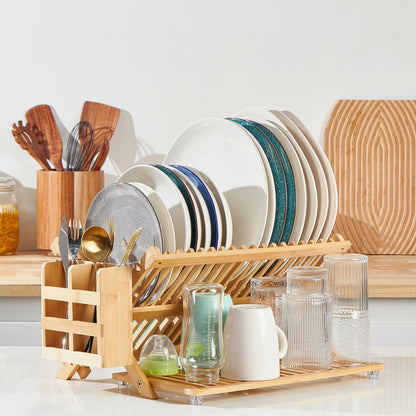 NOVAYEAH Bamboo Dish Drying Rack with Utensil Holder, Collapsible Wooden Dish Drainer Rack, 3-Tier Large Folding Drying Holder for Kitchen Counter 51 pcs Grid