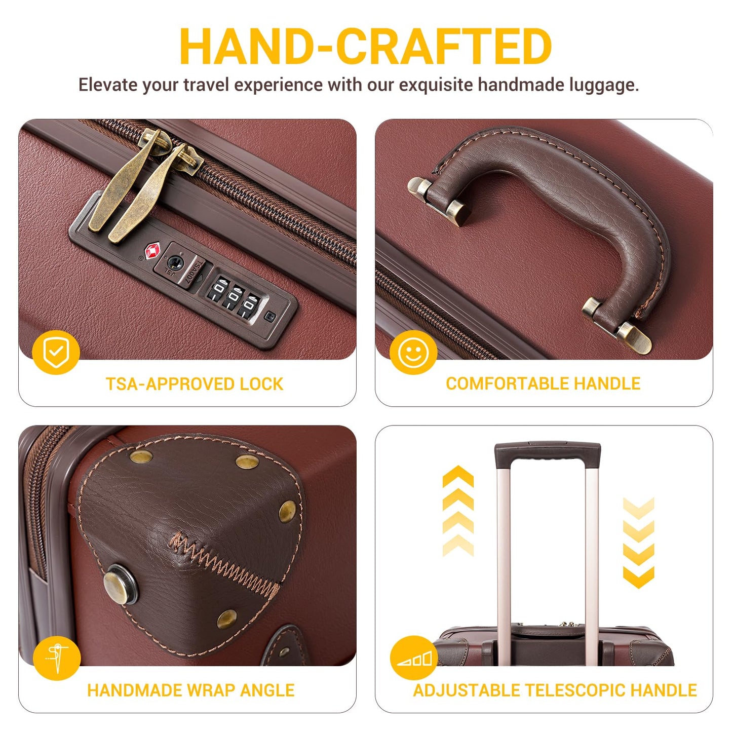 NZBZ Vintage Luggage Sets for Women, PU Leather Retro Suitcase, Vintage Trunk Luggage, Vintage Suitcase Set (Caramel Brown, 20", 24" & 28")