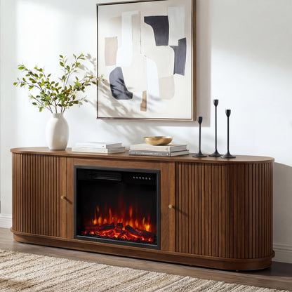 KISLOT 70'' Fluted Fireplace TV Stand for TVs Up to 80",Sliding Tambour Doors,Modern Entertainment Center with 23" Electric Fireplace, Power Outlet & Cable Management, Media Console for Living Room