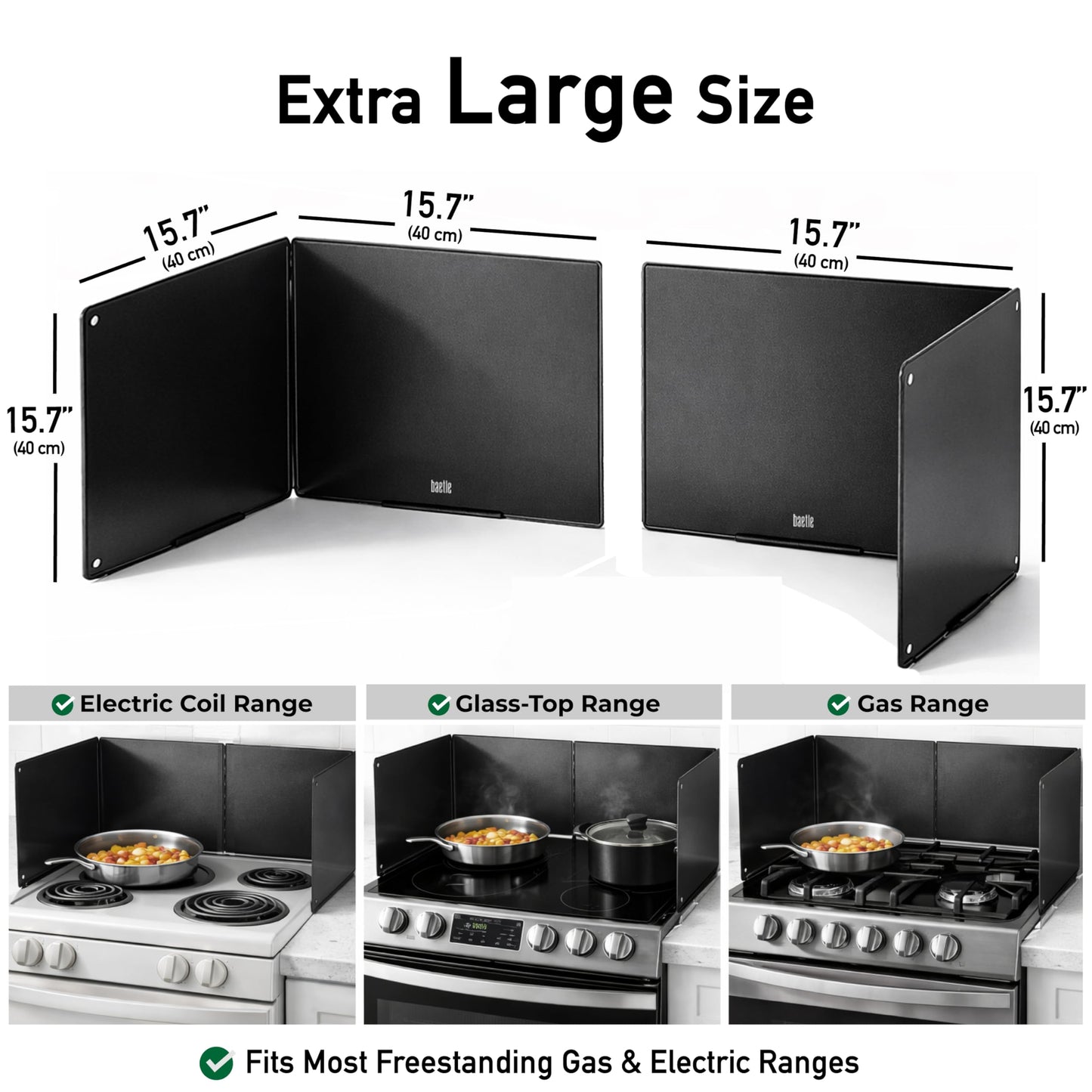 Extra-Large 2-Piece Splatter Guard (15.7” x 15.7”), Heavy-Duty, Commercial-Quality Stainless Steel Oil Splash Shield with Foldable 2-Panel Design & Silicone Spoon Rest by Baetle