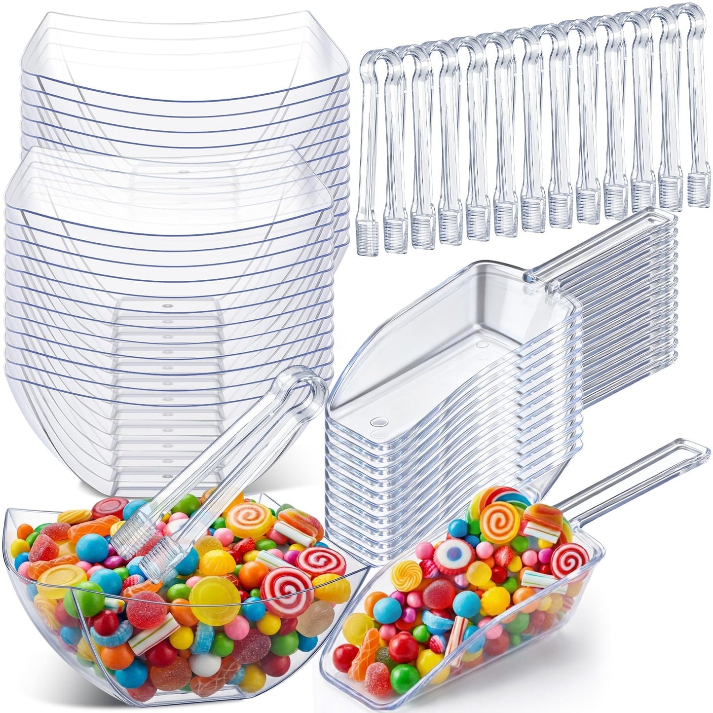 Vesici 48 Pcs 8 oz Clear Plastic Candy Bowls 24 Pcs with 12 Scoops and 12 Tongs Square Dessert Candy Bowl Buffet Containers Disposable Party Ice Cream Salad Dish for Serving Food Appetizers Supplies