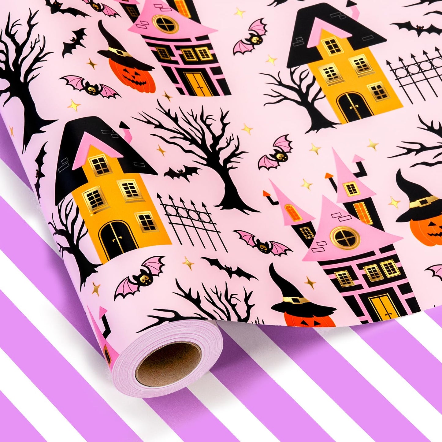 MAYPLUSS Halloween Wrapping Paper Roll, Vintage Haunted Mansion Wrapping Paper, Pink Haunted House, Pumpkin & Bat Design Halloween Day Gift Wrap for October,Holiday,Christmas Nightmare (17In X 33Ft)