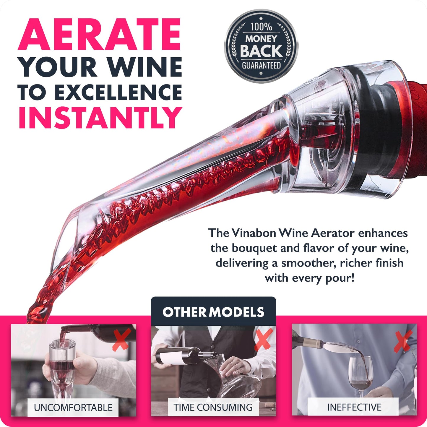 VINABON Wine Aerator Pourer Spout – Updated 2026 Professional Wine Aerator for Superior Flavor, Enhanced Bouquet & Rich, Smooth Finish. No-Leak, No-Drip, Spill-Free Design. Includes Wine Guide eBook