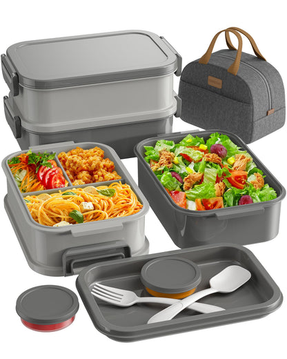 KEMETHY Adults Bento Lunch Box Set with Thermo Bag, 74oz Stackable Leak-proof 3-tiers Bento Box, Built-in Utensil and Sauce Container for Work, School, Dining Out (Gray)